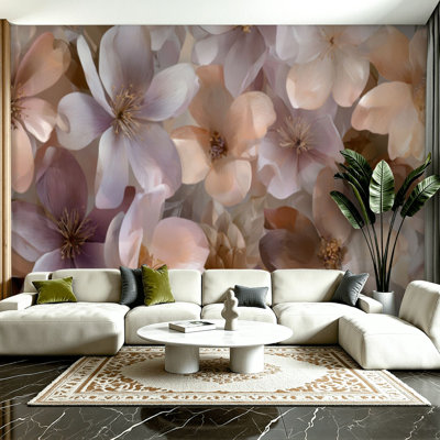 Adhésif mural pelez et collez L 100 po x l 144 po pour chambre à coucher - avec décoration botanique luxueuse, imprimé floral rosé doux