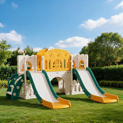 Toboggan double autoportant 10 en 1 pour tout-petits, glissade double côte à côte pour enfants, idéale pour les aires de jeux intérieures et extérieures, structure de jeu robuste en PEHD pour enfants de 1 à 3 ans, gris et blanc