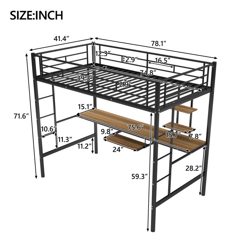  Lit mezzanine en métal avec bureau et tablette, poste de travail peu encombrant, simple, noir, Lit simple
