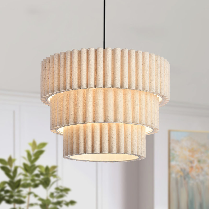 Luminaire suspendu cylindrique à 3 niveaux avec abat-jour tambour en lin plissé, Beige, Lin plissé