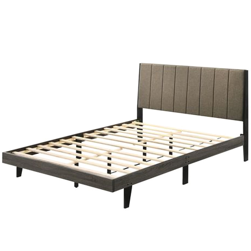 Tissu et fini grand lit au fini patiné avec profil bas et support de lattes robuste