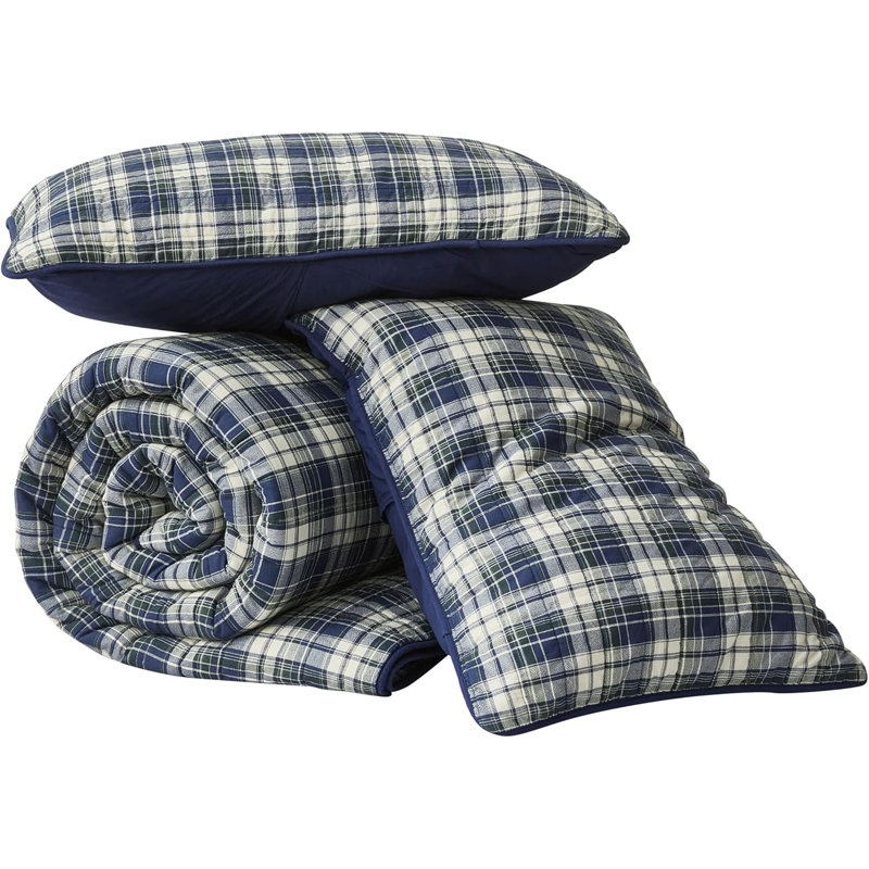 Chad Plaid Printed Reversible Washed Cotton Quilt Set, King Quilt + 2 King Pillow Shams