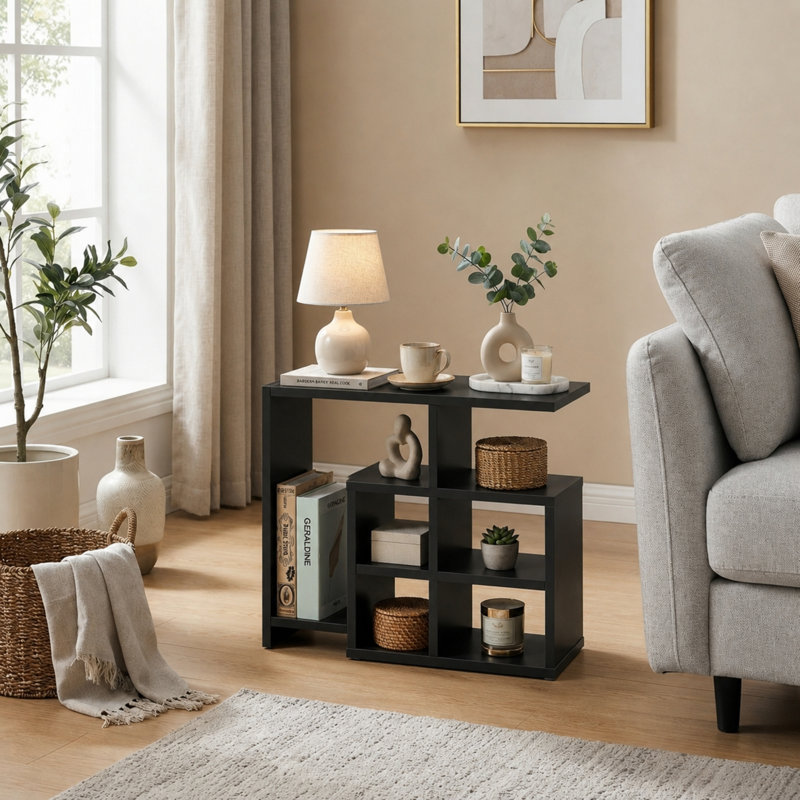 Table de bout moderne avec étagère de rangement à cubes ouverts, petite table d'appoint et présentoir de bibliothèque, Noir
