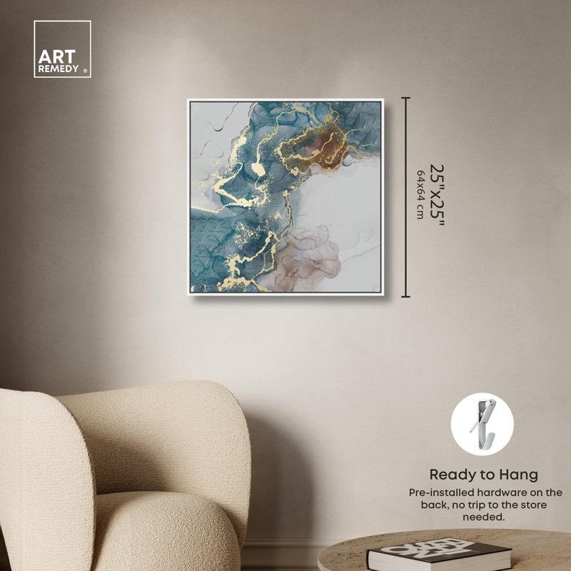Art abstrait coloré sur toile carrée fondant d'or par Everly Quinn, Cadre blanc, H 25 po x l 25 po