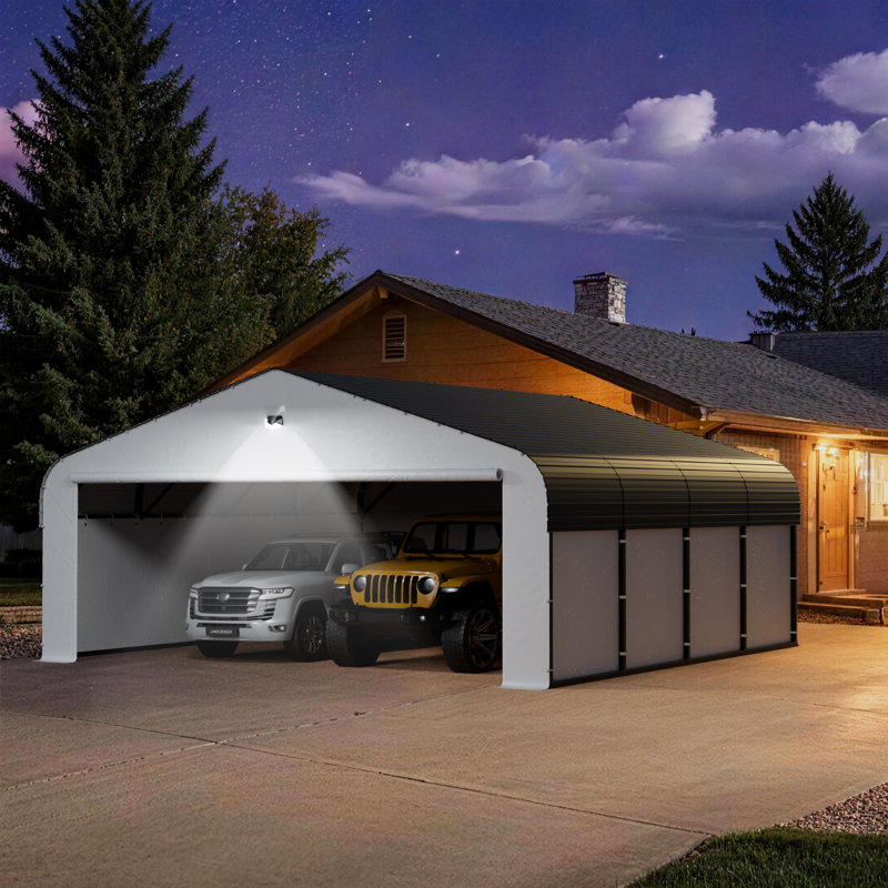 20 Ft. W x 20 Ft. D Heavy-Duty Metal Carport with Galvanized Roof & Fabric Walls, Solar Light, All-Weather Outdoor Canopy Shelter Rated 35psf Snow