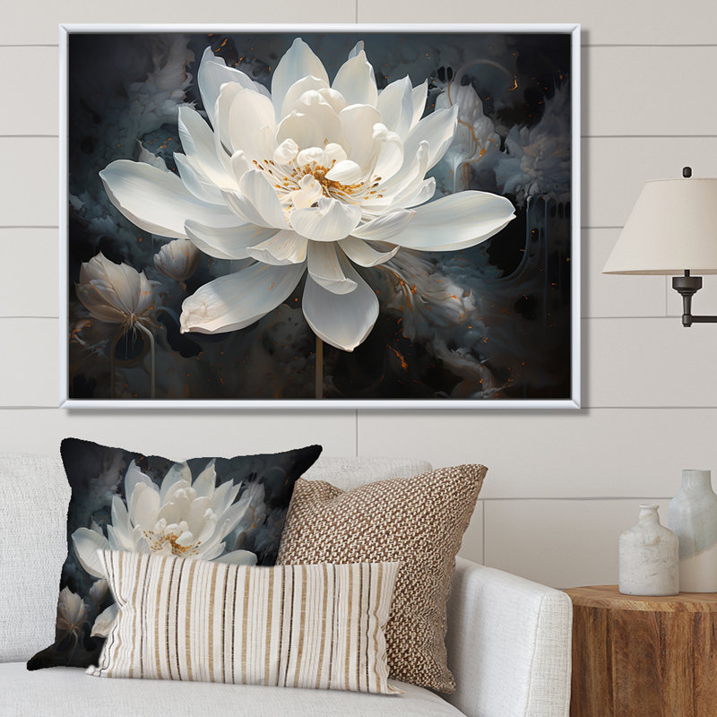 Serenity Blossum Lotus - art mural Lotus, Reproduction avec cadre flottant, H 34 po x l 44 po, Blanc