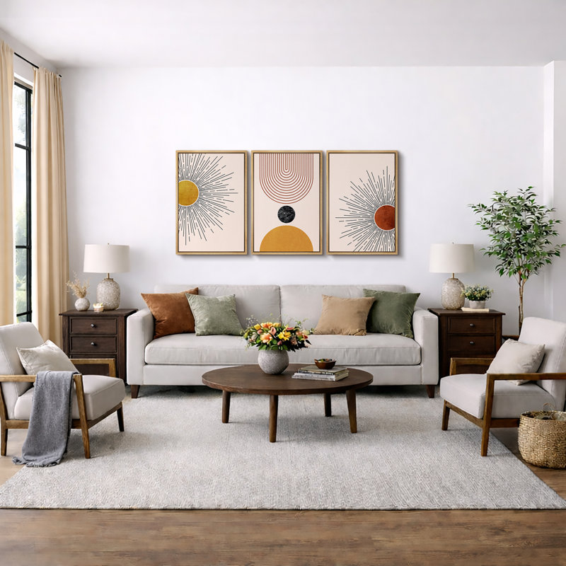 «Mid Modern Modern Boho», œuvre d'art rétro nordique, rouge et jaune éclatant, photos abstraites du salon au soleil, impression sur toile encadrée, 3 pièces