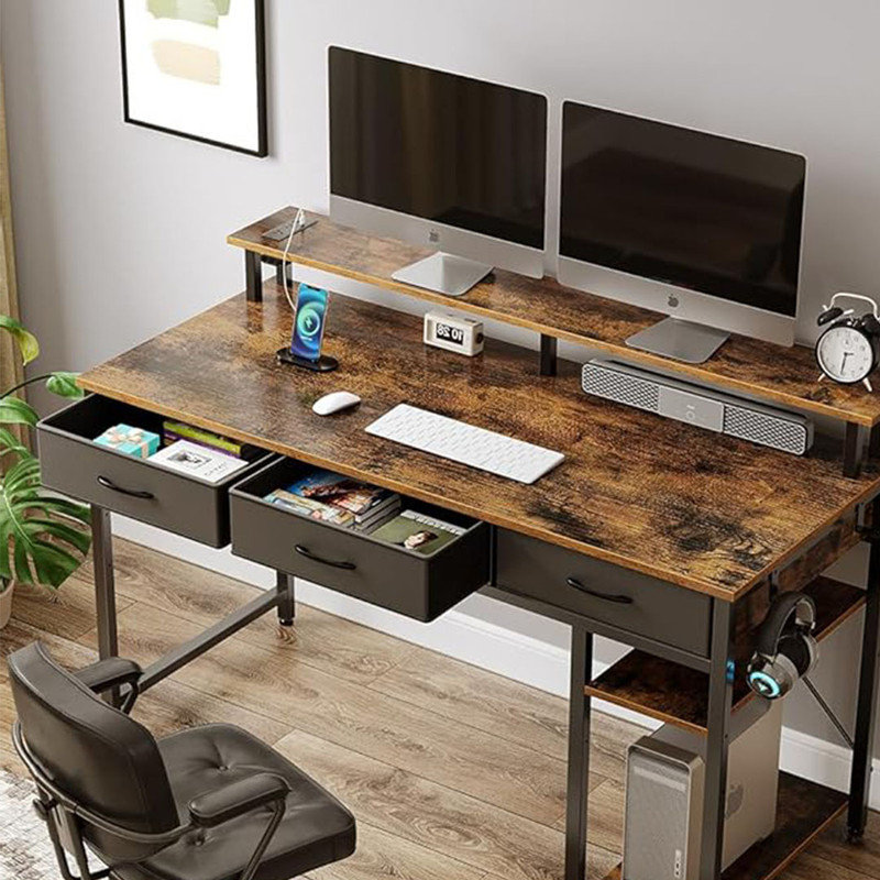 Computer Desk with Power Outlets & LED Light with 3 Drawers and Storage Shelves, Writing Desk with Monitor Stand, Rustic Brown