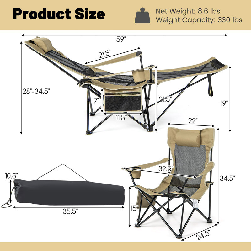 Camping Lounge Chair Adjustable Reclining Lounge Chair W/ Removable Footrest, Khaki