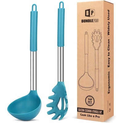 Ensemble de cuillères et fourchettes à pâtes en silicone, grands ustensiles de cuisine antiadhésifs pour la cuisson, le brassage, le service des spaghettis, la soupe, la sauce (BLANC)