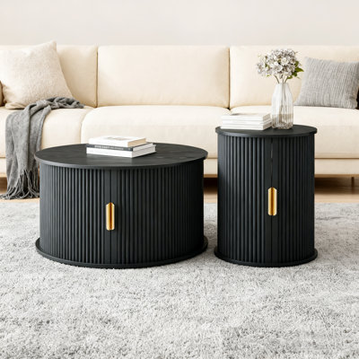 Round Nesting Coffee Table Set Of 2,Mid-Century End Table Set Fluted With Sliding Tambour Door