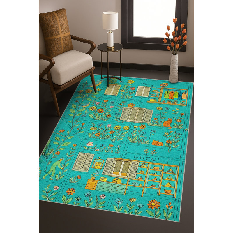 Tapis bleu tissé lavable rétro Mosso, 6 pi 7 po x 9 pi 10 po