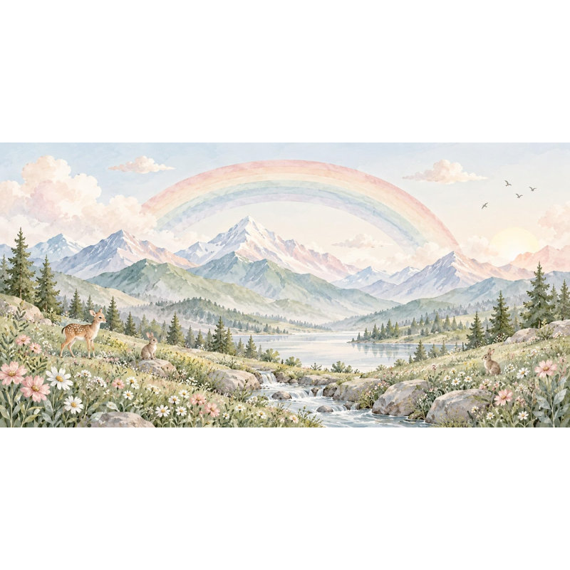 Mountain Stream Rainbow Wallpaper Mural, Peel and Stick Kids Room Wall Mural, Watercolor Mountain Rainbow Nursery Wallpaper