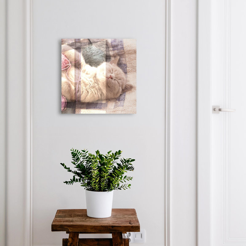 Key box for home, Opens to the left, 30x30x5, White, A charming kitten among soft yarns, silent relaxation, 