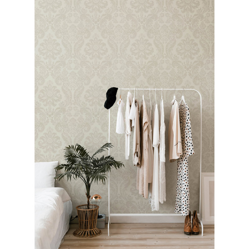 Shadow Black Flocked Damask Wallpaper, White