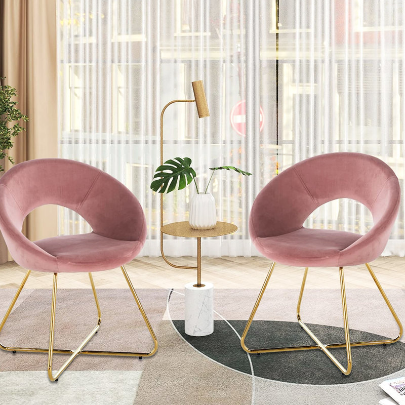 Chaise Mid-Century en velours rose - Fauteuil de salle à manger 2 pièces avec cadre en métal doré Comfy