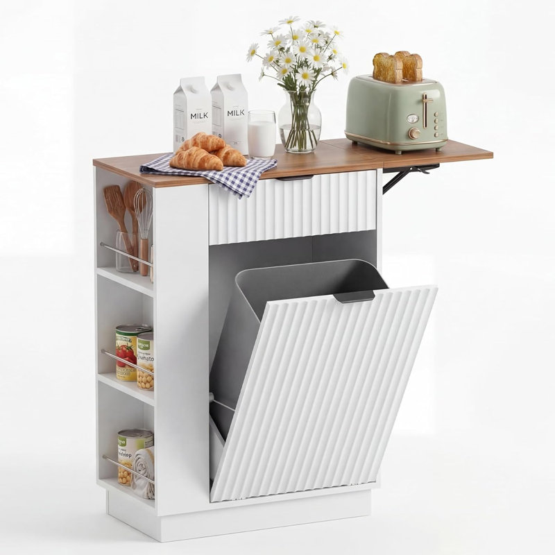 10 Gallon Tilt-Out Trash Cabinet with Drop Leaf, Drawer & 3 Side Shelves, White