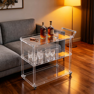 3-Tier Acrylic Bar Cart With Lockable Wheels And Pull Handle, Clear Rolling Serving Cart For Home Bar, Kitchen, And Beverage Station, Space-Saving Modern Trolley