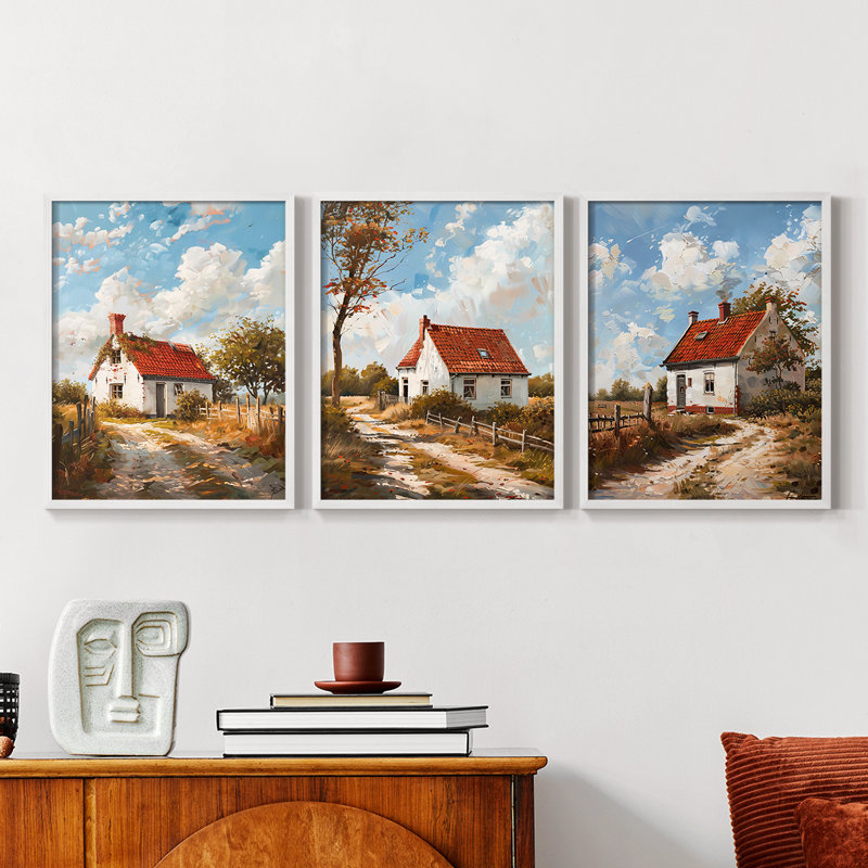 Country Cottage Series XVII -Set de 3 estampes numériques giclées -Prêt à