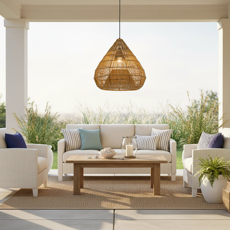 1-Light Wicker Outdoor Pendant Light, Coastal Boho Style Dome - Handwoven -Tan Shade, Tan