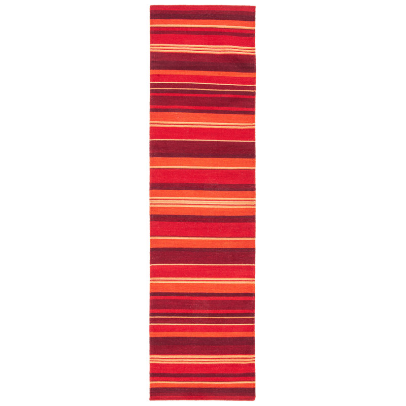 Kalaiya Hand Loomed Wool/Cotton Striped Rug in Red, Runner 2'3" x 9'
