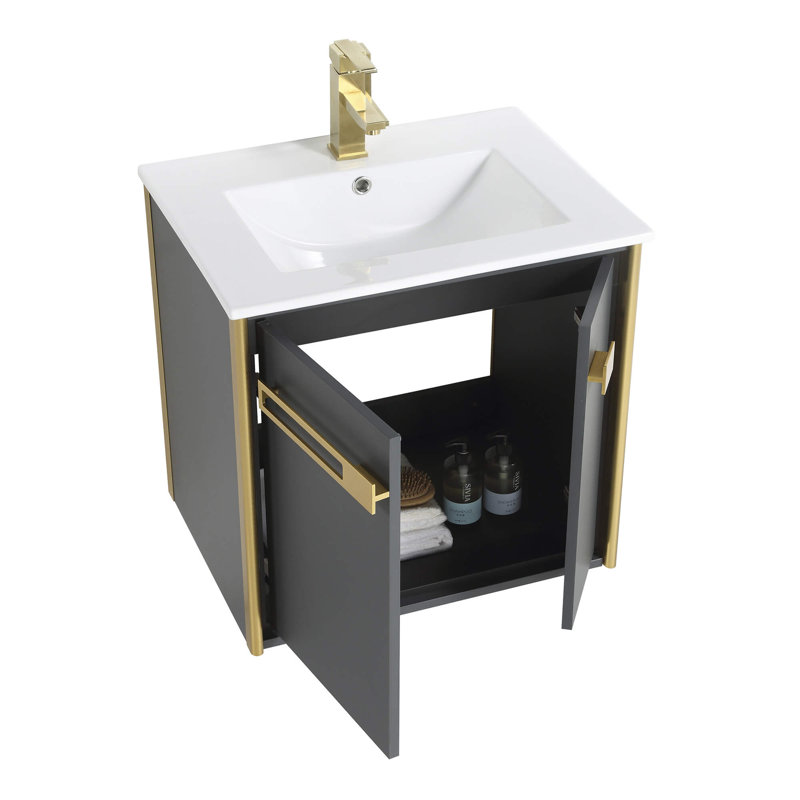 24'' Single Bathroom Vanity with Vitreous China Top, Satin Brass, Onix Gray