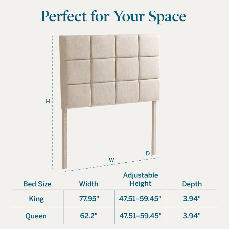 Lucid Upholstered Modern Headboard with Rectangle Tufting, Adjustable Height 47.51" - 59.45", Oatmeal, King, Oatmeal, King