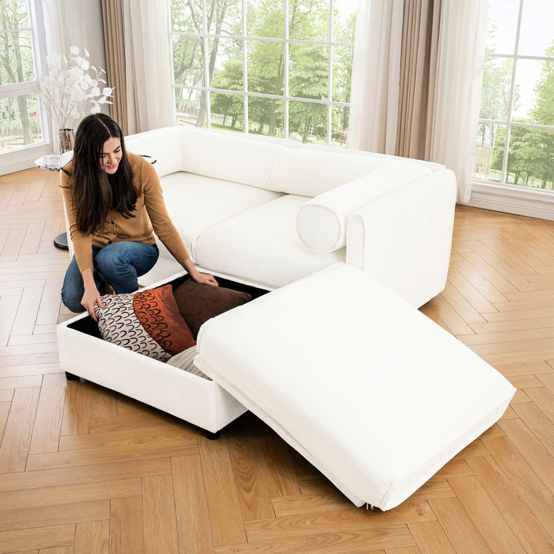 Chenille blanche 2 avec rangement, siège cylindrique et contemporain, 2 sièges modernes, tissu doux, Blanc