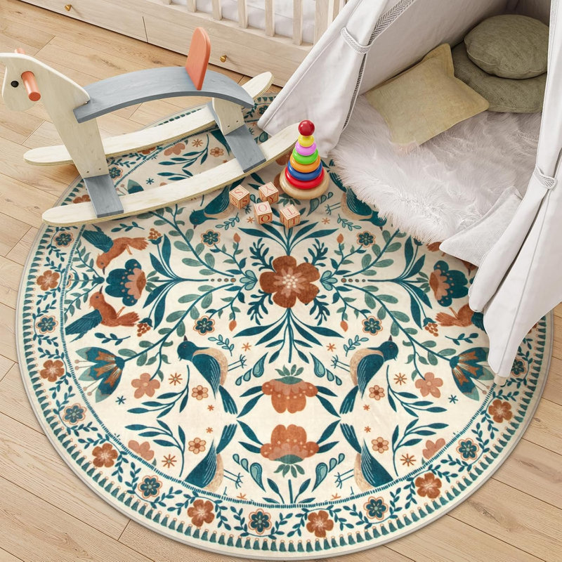  Goldene Boho Washable Botanical Beige Round Rugs for Living Room, Low-Pile Floral Rug with Non Slip Backing For Bedroom Dining Room