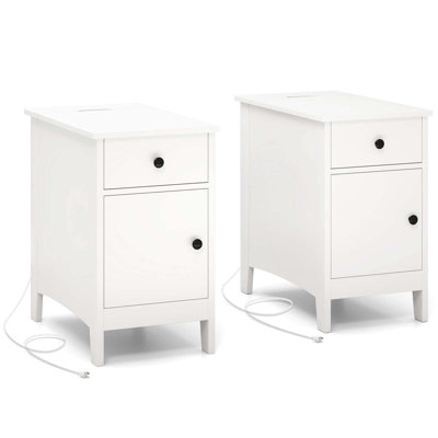 2 PCS End Table with Charging Station Flip Top Bedside Table with USB Ports & Outlets White