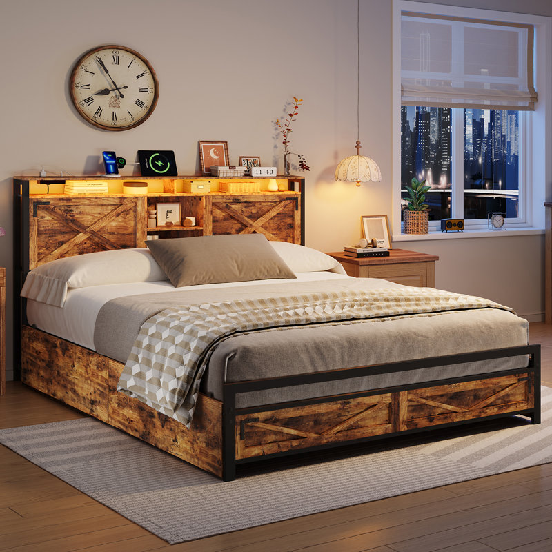 Queen Bed Frame with Charging Station, LED Light Strip, 4 Rolling Storage Drawers