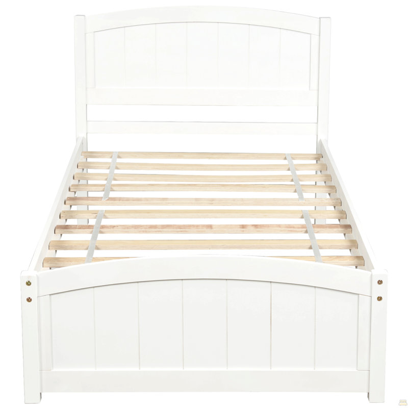 Lit plateforme en bois avec tête de lit, pied de lit et lattes en bois, Blanc