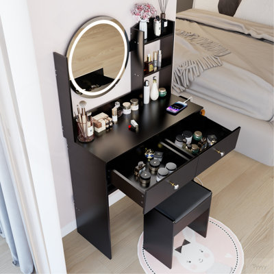 17" Round LED Mirror Vanity Table+Cushioned Stool, Equipped With 2 AC+2 USB Power Socket, Big Mirror, Touch Switch, 3 Colors, Adjustable Brightness, Large Desktop, Multi-Layer High Capacity Storage