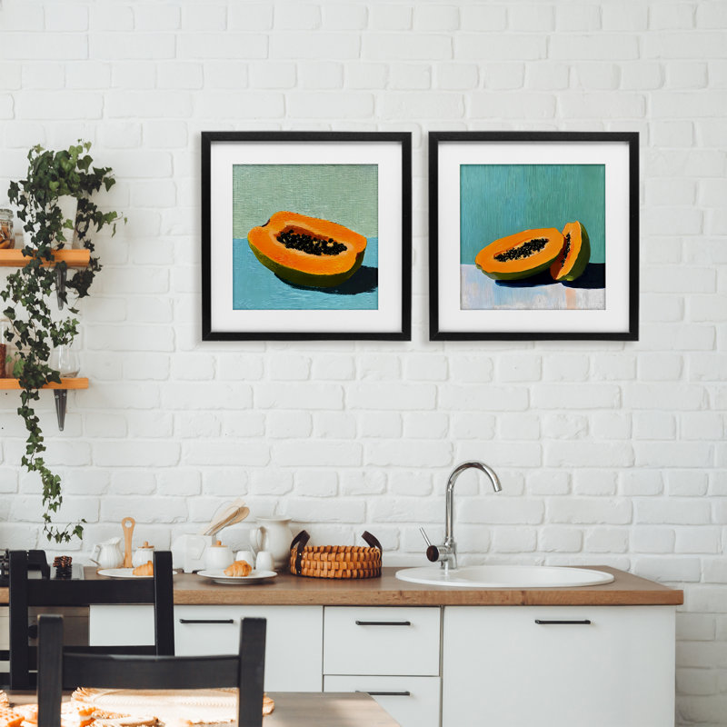 «Papaya on Blue Still Life», ensemble de 2 reproductions encadrées sous verre, design par Walker Noble, Cadre noir minuit