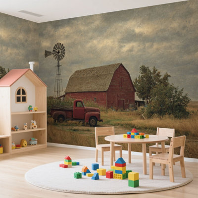 Peel and Stick Wallpaper 144" L x 100" W Modern Self Adhesive Wall Mural for Bedroom Red Barn Windmill Rural Country Landscape Old Truck Barn