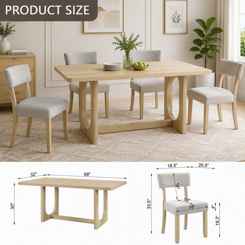 Ensemble de salle à manger moderne de 7 pièces avec piètement en forme de U, Chaise à dossier vertical en chêne clair + table