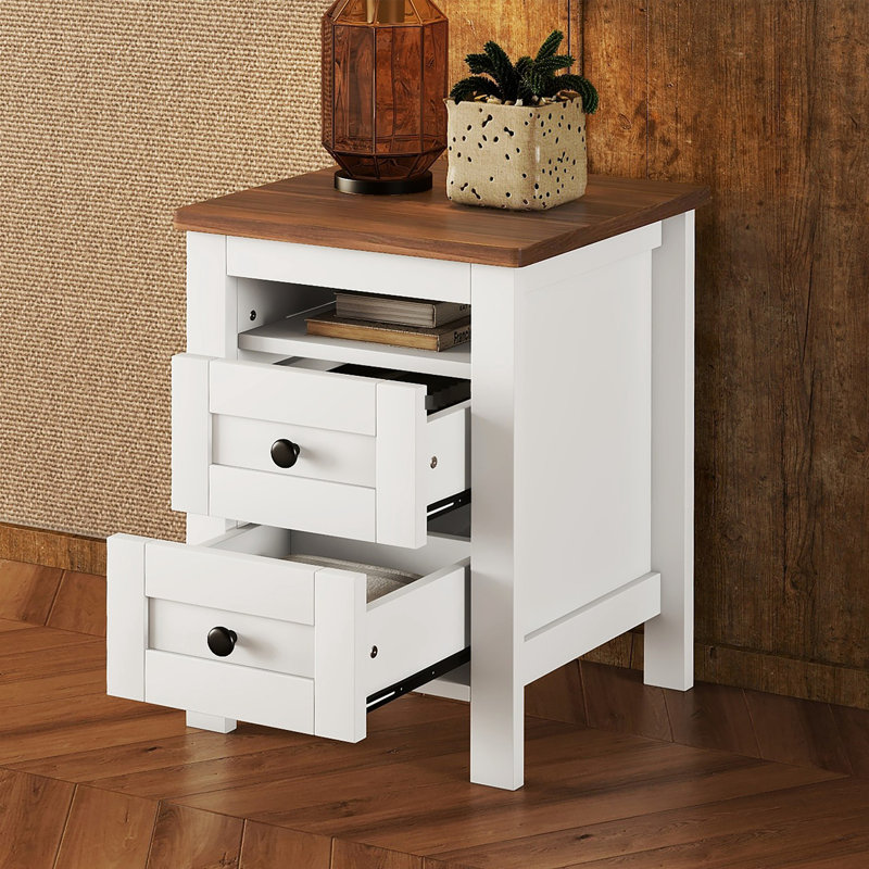 Table de chevet en bois - 2 tiroirs, blanc + brun, chambre à coucher essentielle 2 po et design compact avec espace de rangement