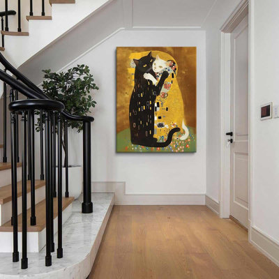 Funny Black Cat Poster Cute Black White Cat Wall Art Animal Picture Gustav Klimt Kiss Change Art For Cat Lovers Gift Living Room Bedroom 16X24 Inch Unframed
