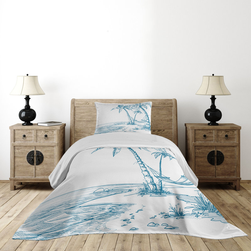 King White Microfiber Quilted Bedspread Set with Palm Tree Design