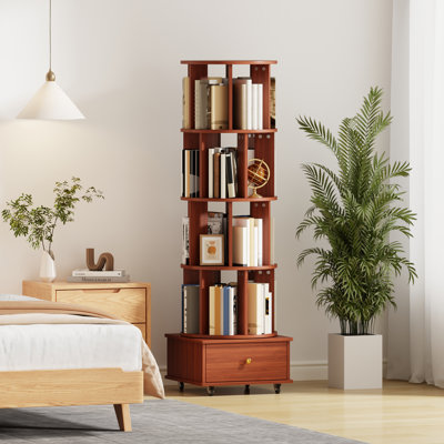 Bibliothèque rotative à 4 niveaux avec roulettes et tiroirs, bibliothèque d'angle pivotante à 360 °, tour de rangement en bois massif avec roulettes verrouillables, organisateur de rotation étroit pour le salon, la chambre à coucher (brun)
