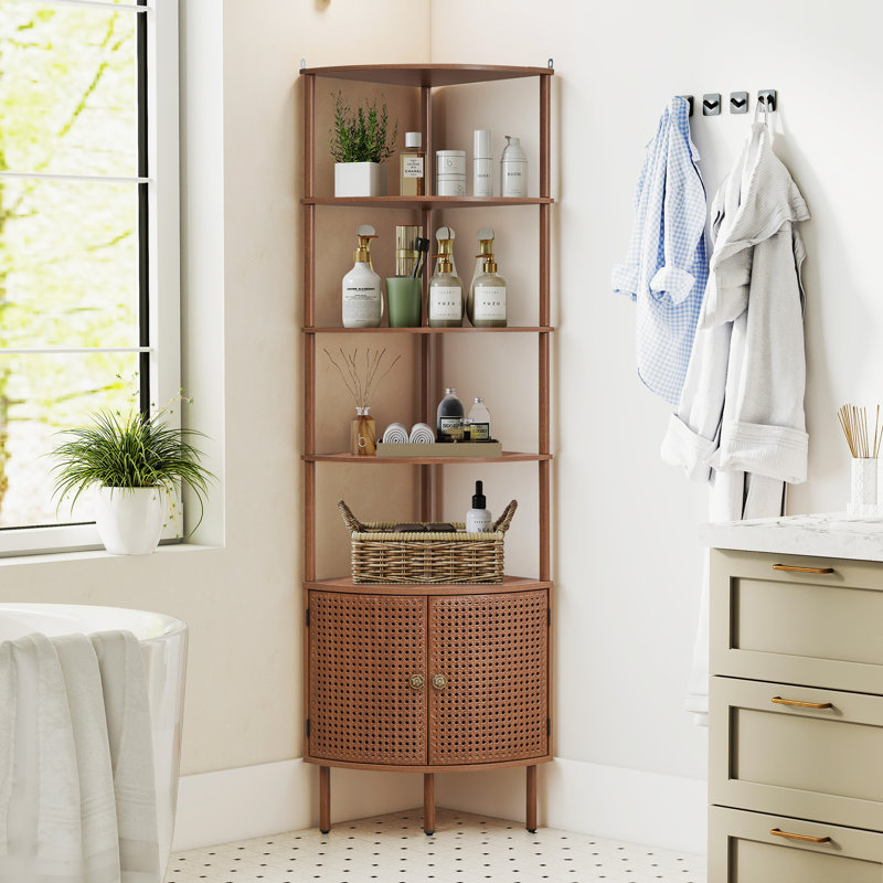 Bibliothèque d'angle, étagère de rangement à 5 niveaux avec armoire, Noyer