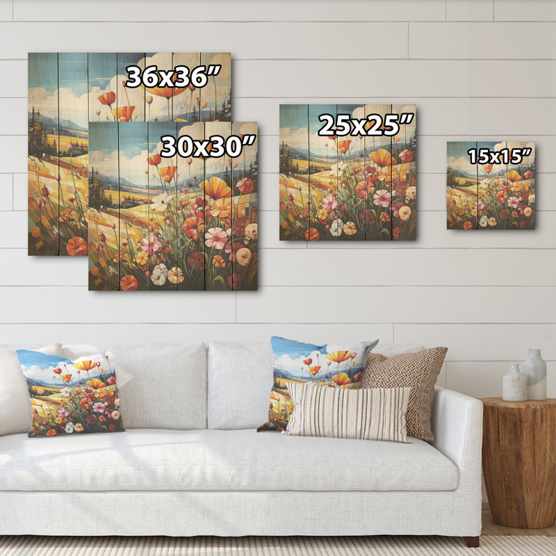 Abstract Blooms Harmony Field - Meadow Wood Wall Art On Natural Pine Wood, 30" H x 30" W