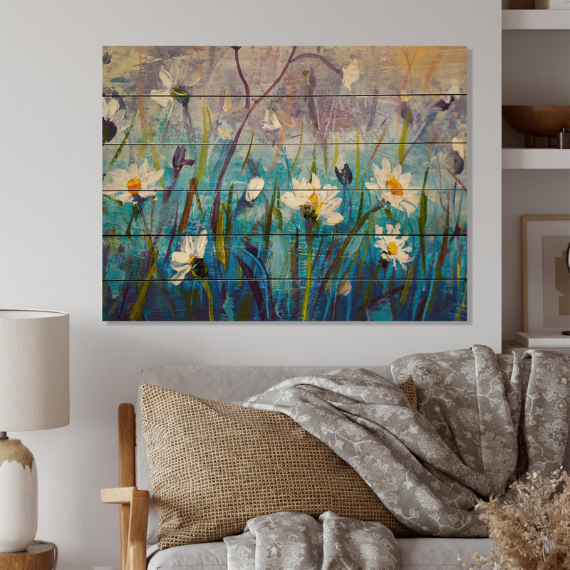 Fleurs sauvages bleues - Panneaux d'art mural traditionnels en bois - Bois de pin naturel, H 8 po x l 12 po x P 1 po