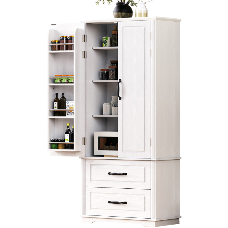 71" Farmhouse Kitchen Pantry Cabinet With 2 Large Drawers,Embossed Texture Freestanding Cupboard Cabinet With 8 Door Shelves And 3 Cabinet Shelves For Kitchen,Dining Room,Living Room,Laundry