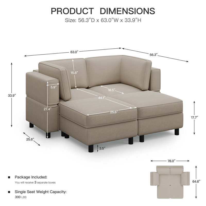 Modular Loveseat Sofa With Two Ottomans, Gray Velvet