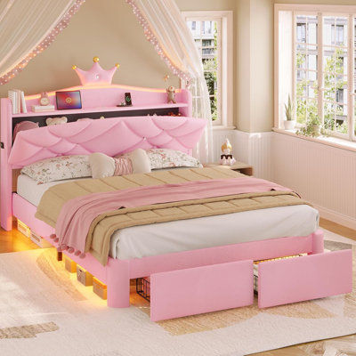 Princess Bed, Upholstered Crown Canopy Bed with Soft Padding, Pink House Bed for Kids Bedroom