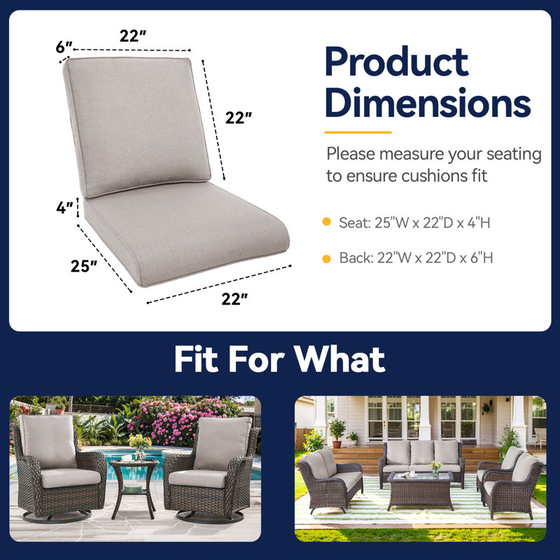 Coussins de chaise d'extérieur 22 x 25 x 4 pouces, ensemble de coussins de remplacement pour l'extérieur, coussins de dossier et de siège pour meubles d'extérieur, coussins de chaise de patio résistants aux intempéries avec housse amovible