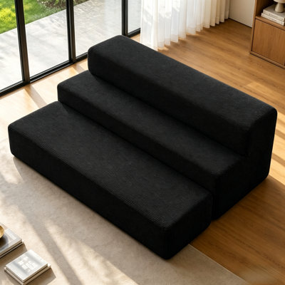 60 Inch Modular Loveseat Sofa Set, Wavy Corduroy Convertible Sofa Bed, Independent Dual Seat & Bench, No Assembly Required, Sleek Black Upholstery for Modern Minimalist Home