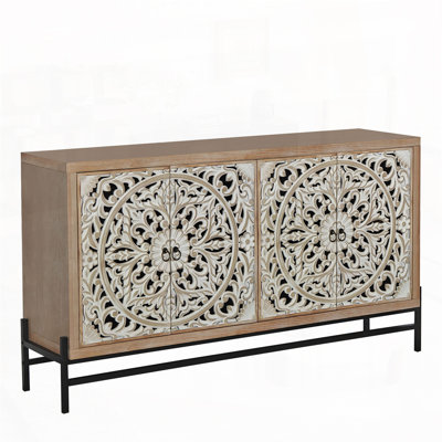 Buffet élégant 4 portes en bois, armoire de rangement rétro en bois sculpté 4 portes avec base en métal