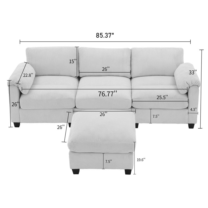 Canapé modulaire en L 4 pièces avec repose-pieds en velours côtelé, Velours côtelé gris